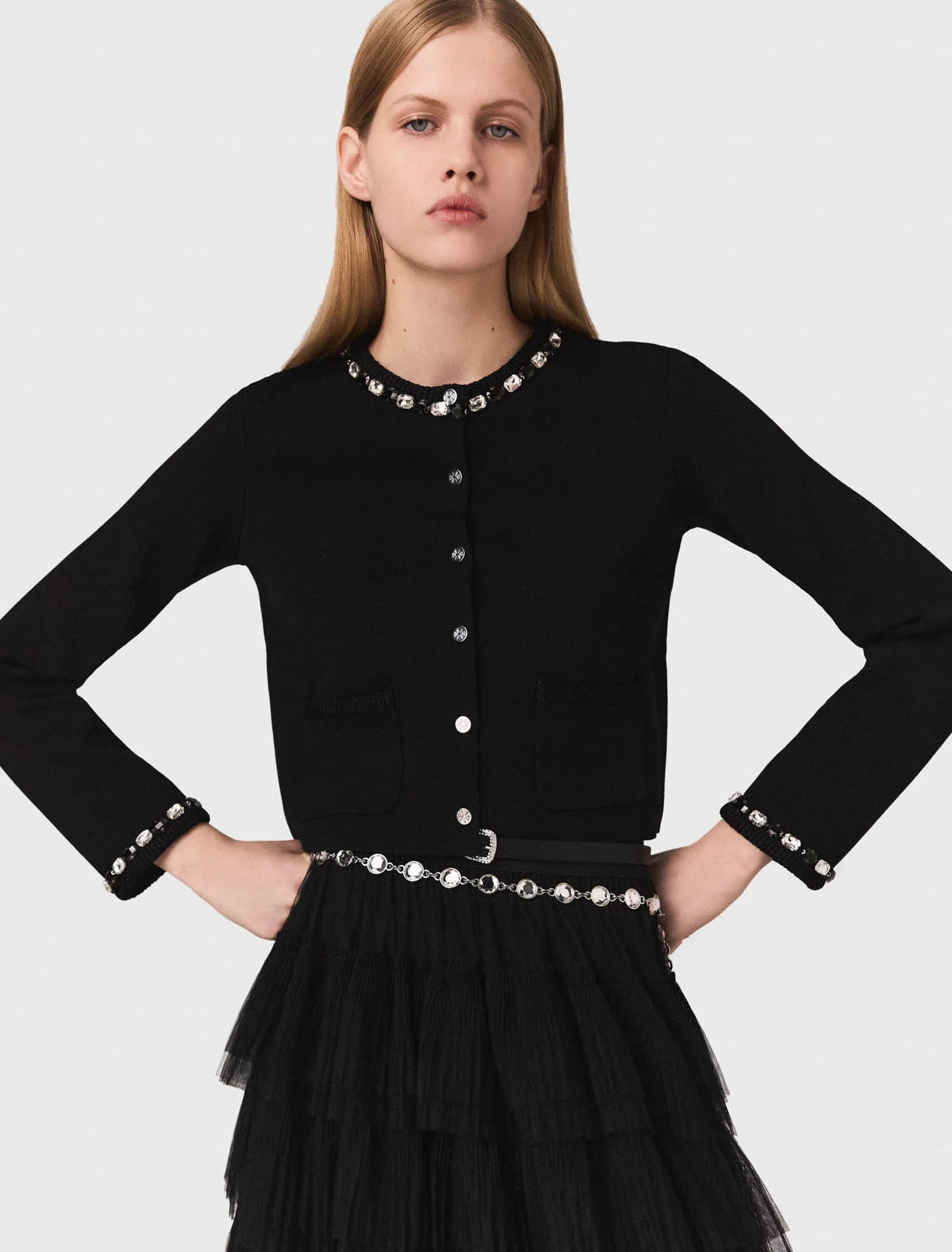 Cropped jewellery detail cardigan Black - Image 4