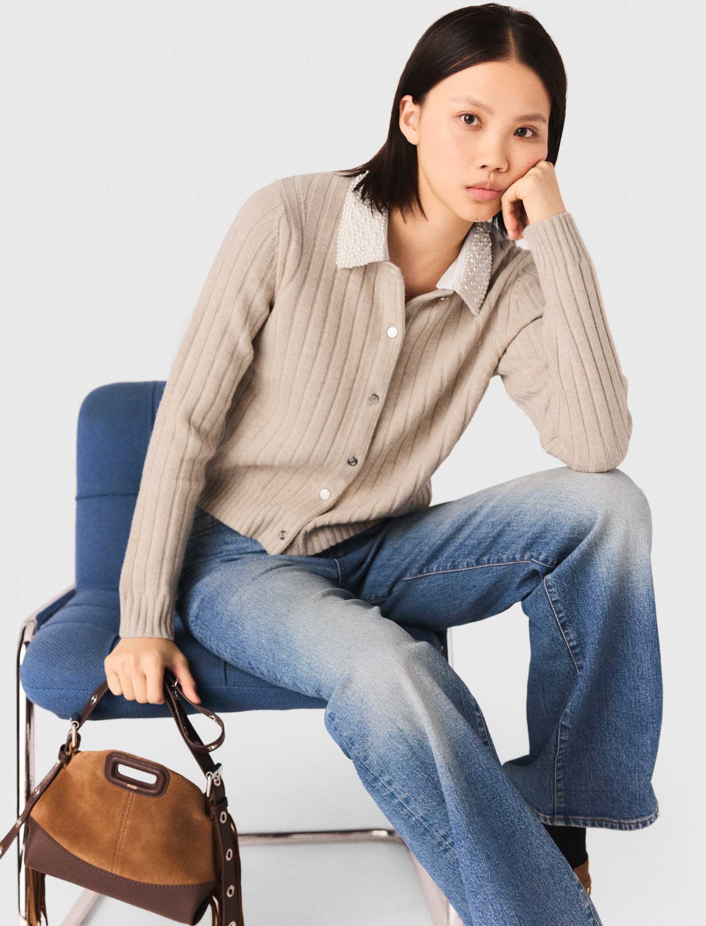 Cardigan With Removable Bead Collar Beige - Image 5