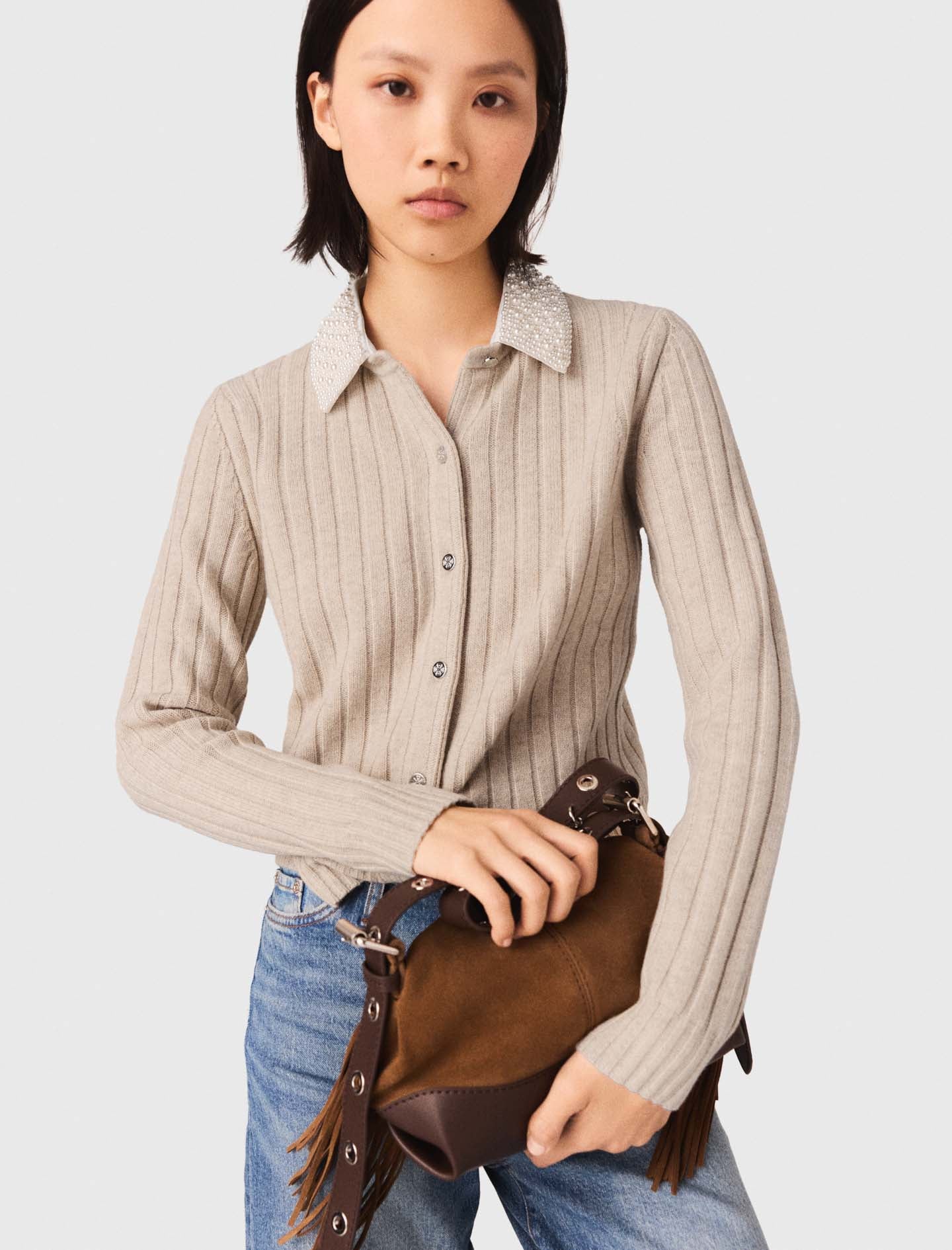 Cardigan With Removable Bead Collar Beige - Image 6