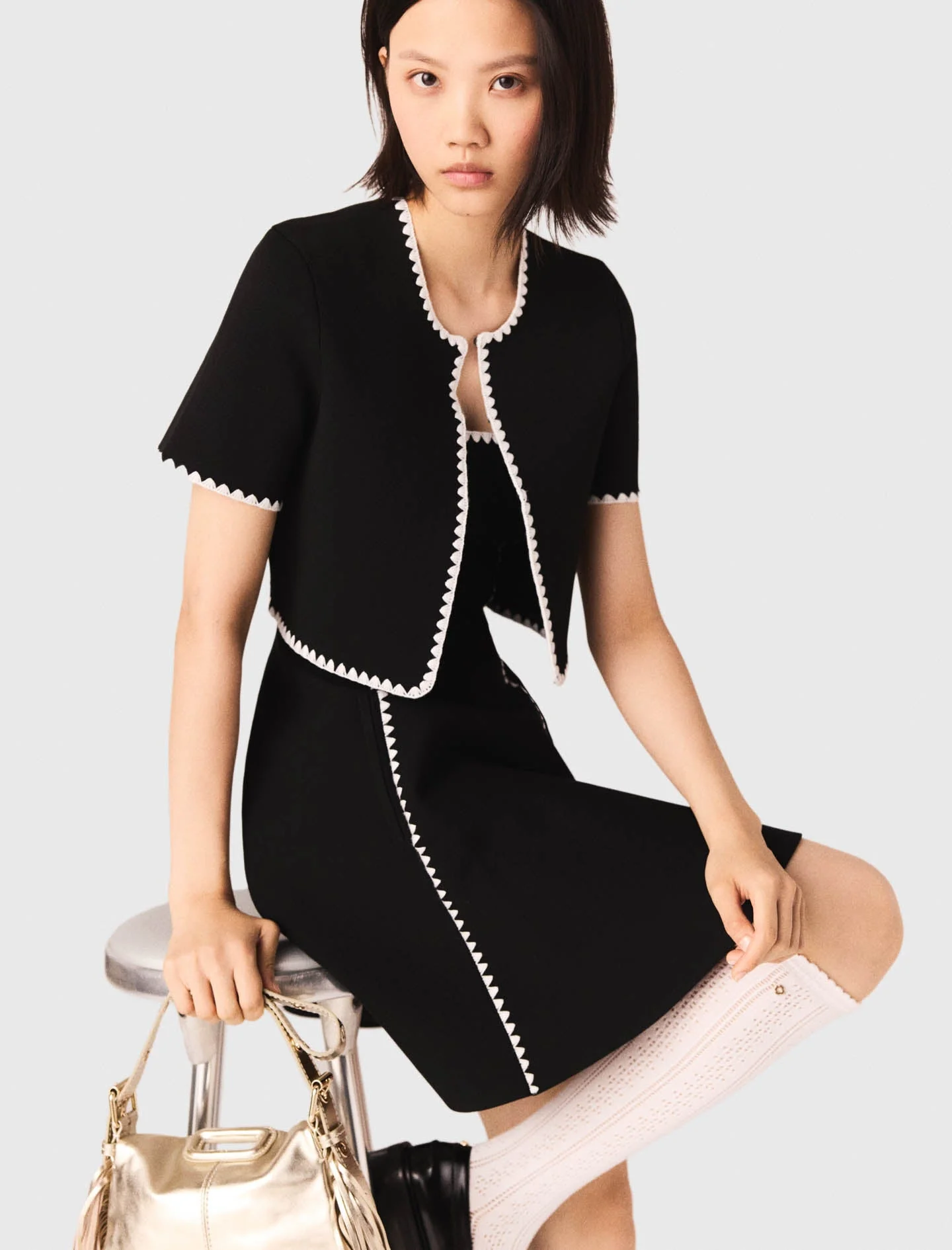 Topstitched Cropped Cardigan Black - Image 6