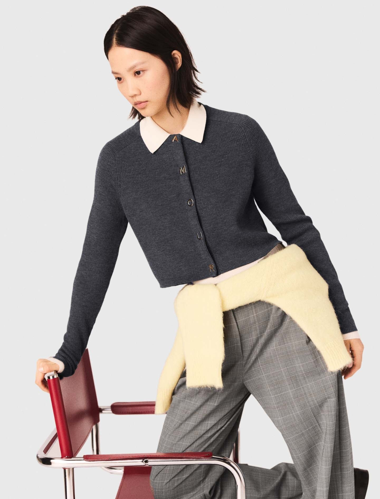 Round-Neck Rib Knit Cardigan Grey - Image 4