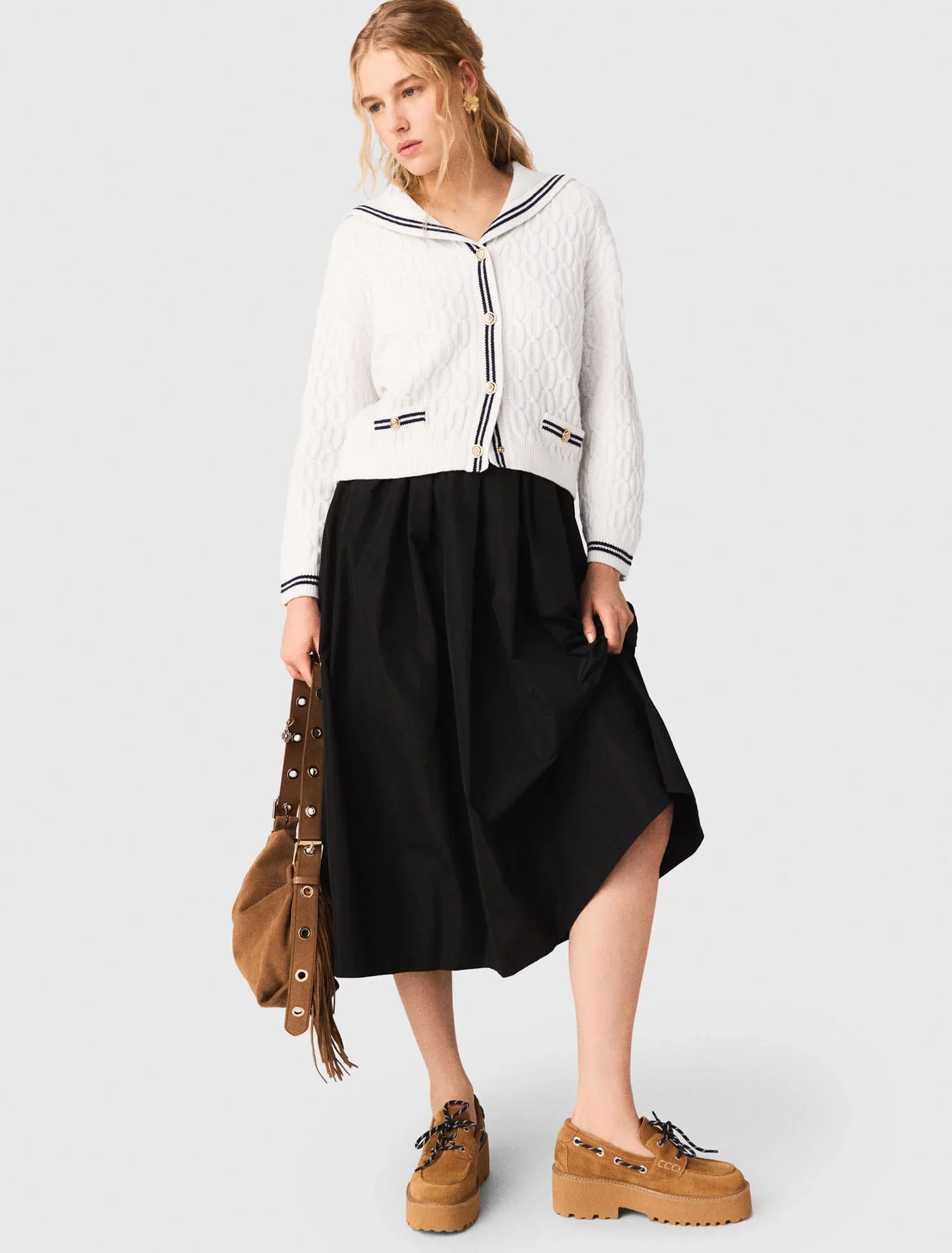 Long skirt with contrast waistband Black - Image 4