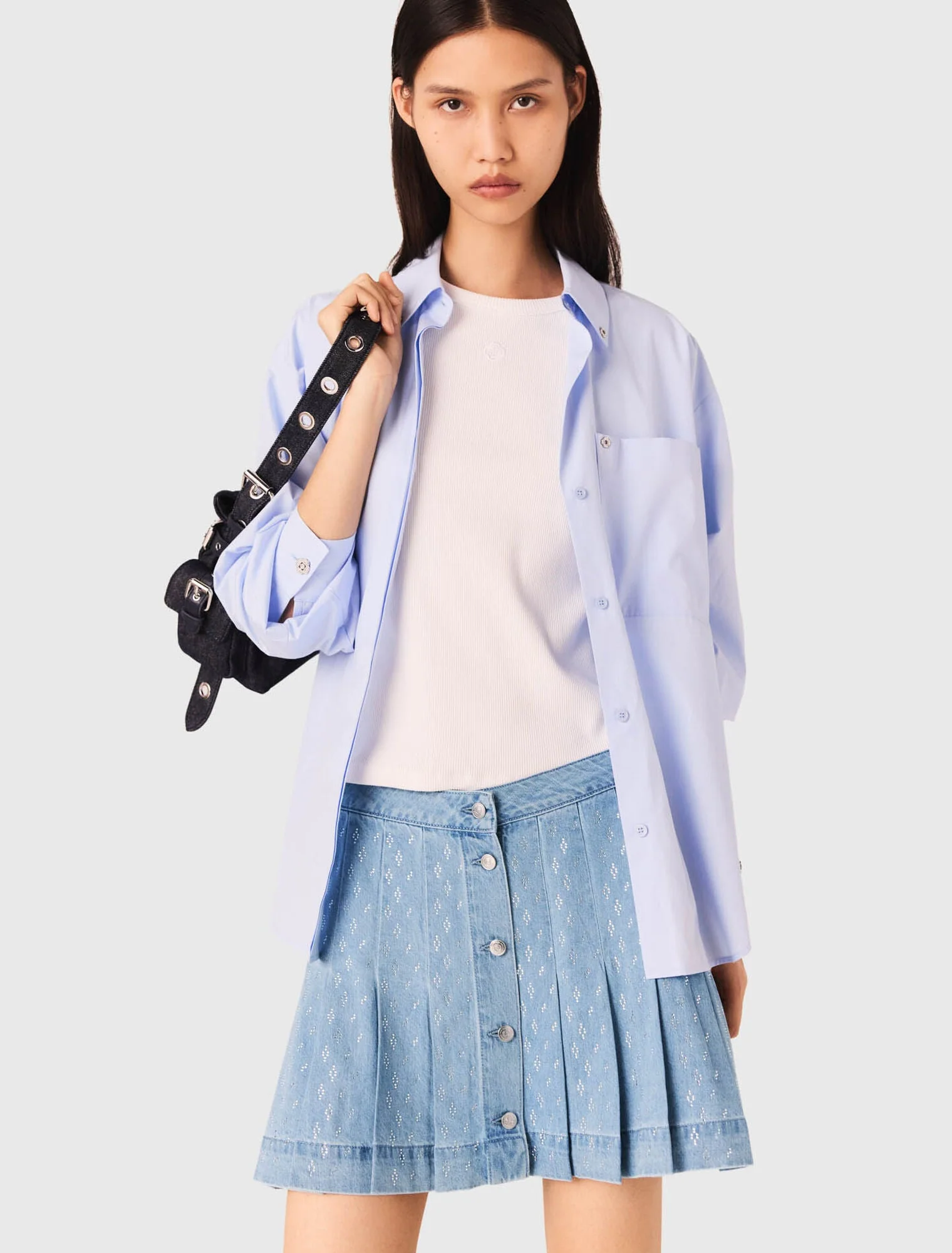 Rhinestone pleated denim skirt Denim Blue - Image 4