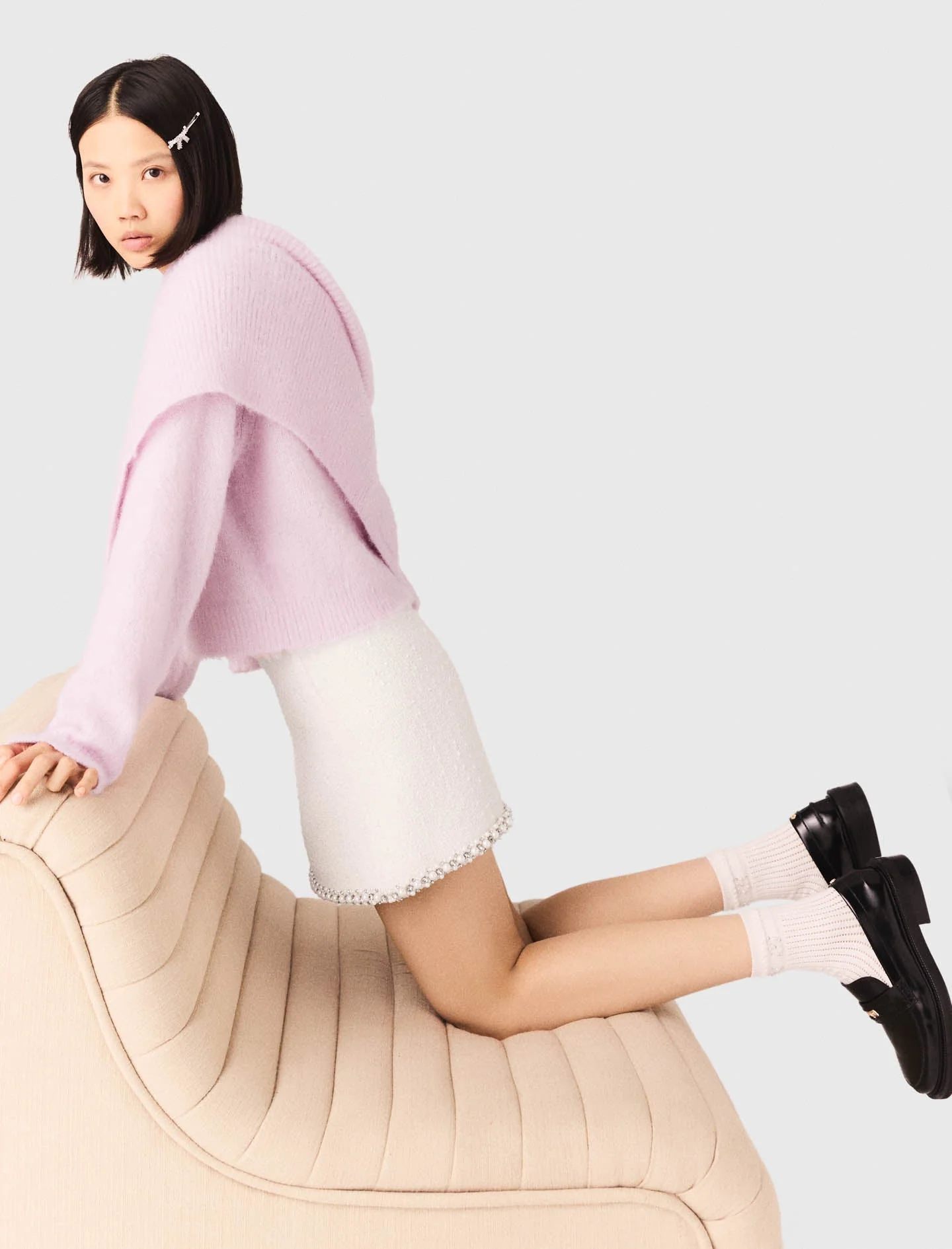 Pearl-Trim Tweed Skirt Ecru - Image 3