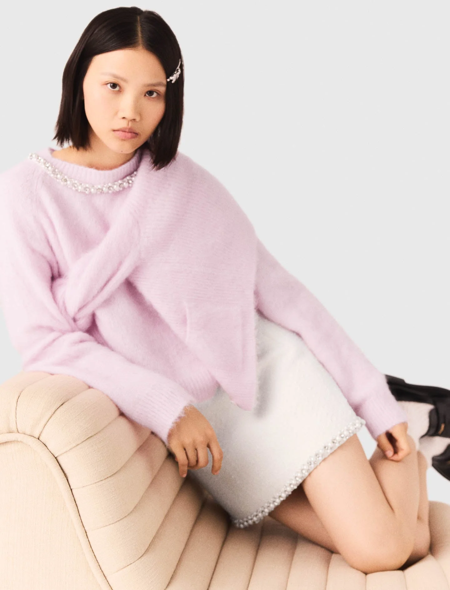 Pearl-Trim Tweed Skirt Ecru - Image 4