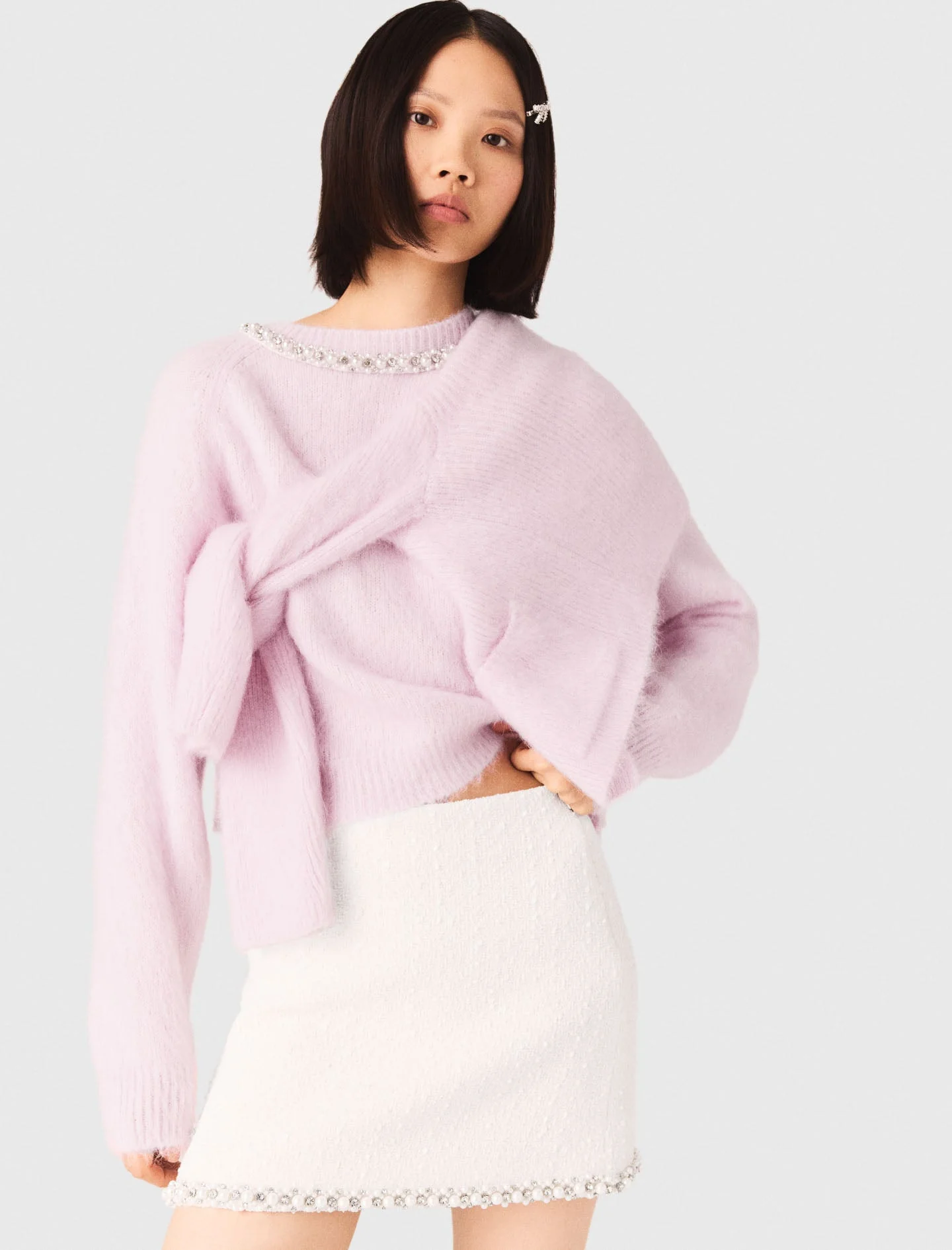 Pearl-Trim Tweed Skirt Ecru - Image 5