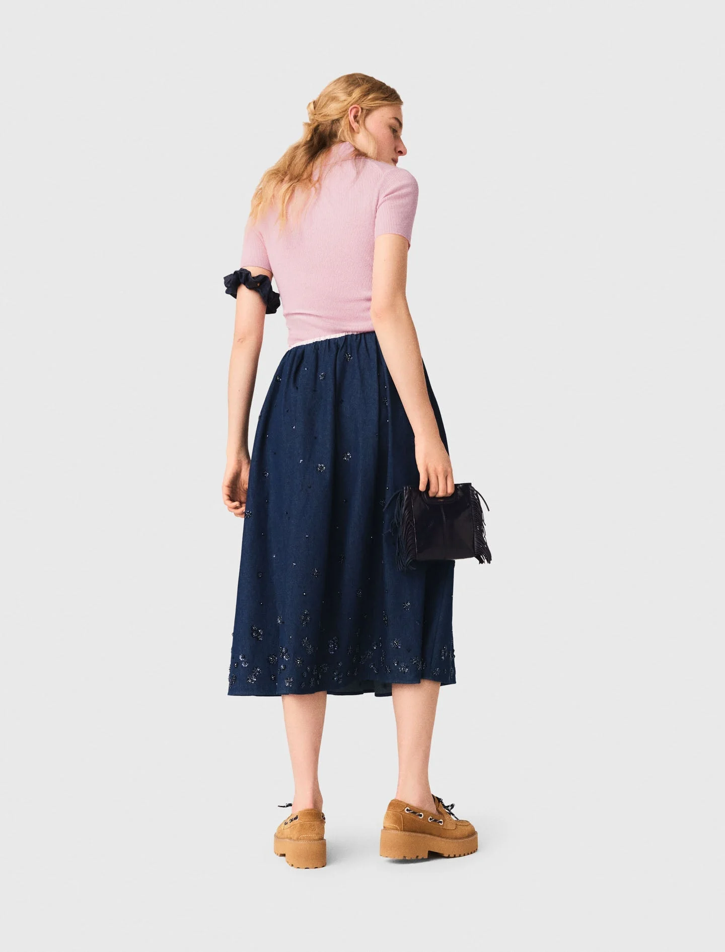Embroidered Denim Midi Skirt Navy - Image 3