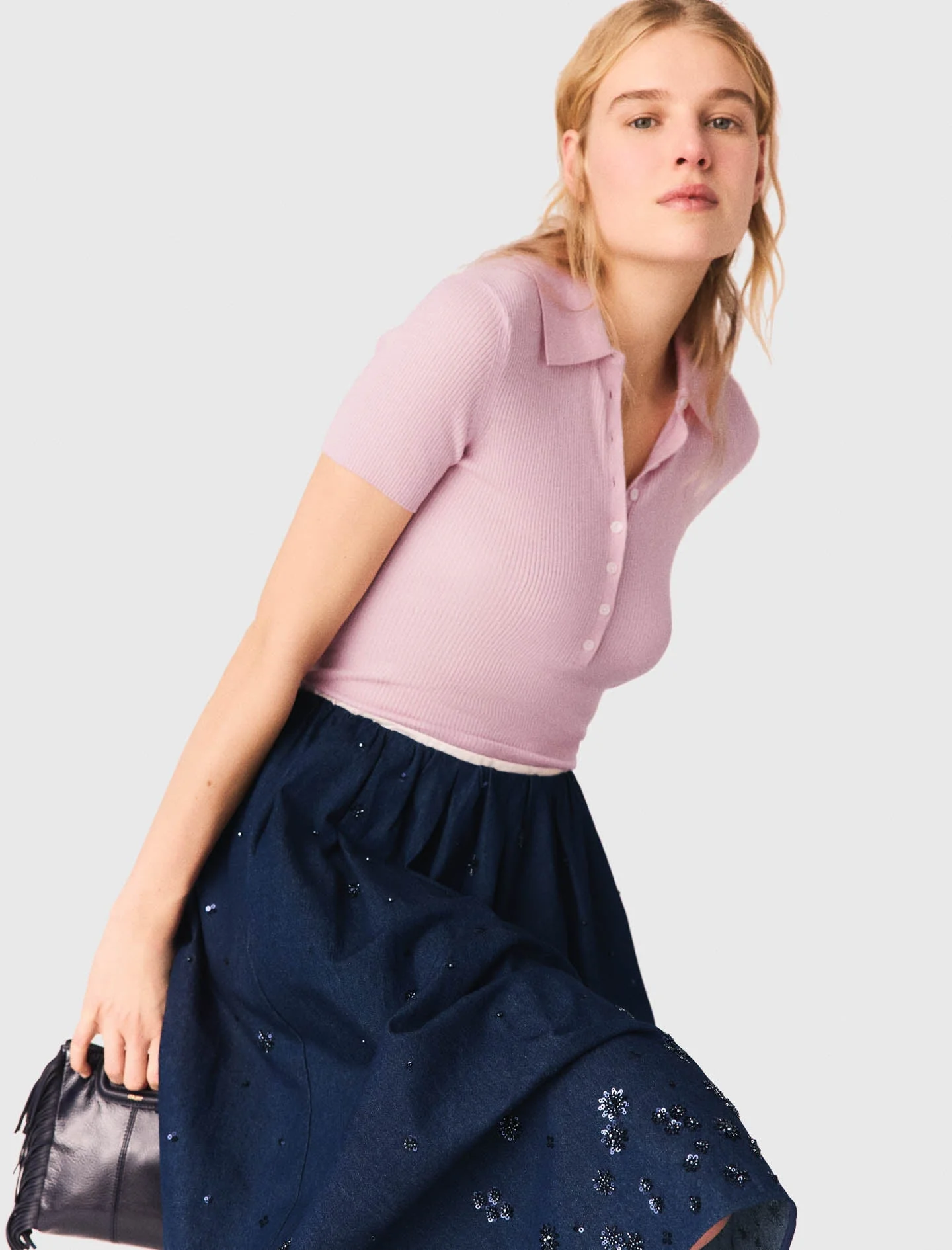 Embroidered Denim Midi Skirt Navy - Image 4