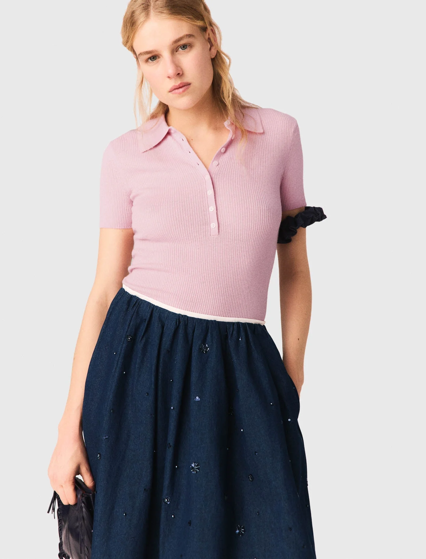 Embroidered Denim Midi Skirt Navy - Image 5