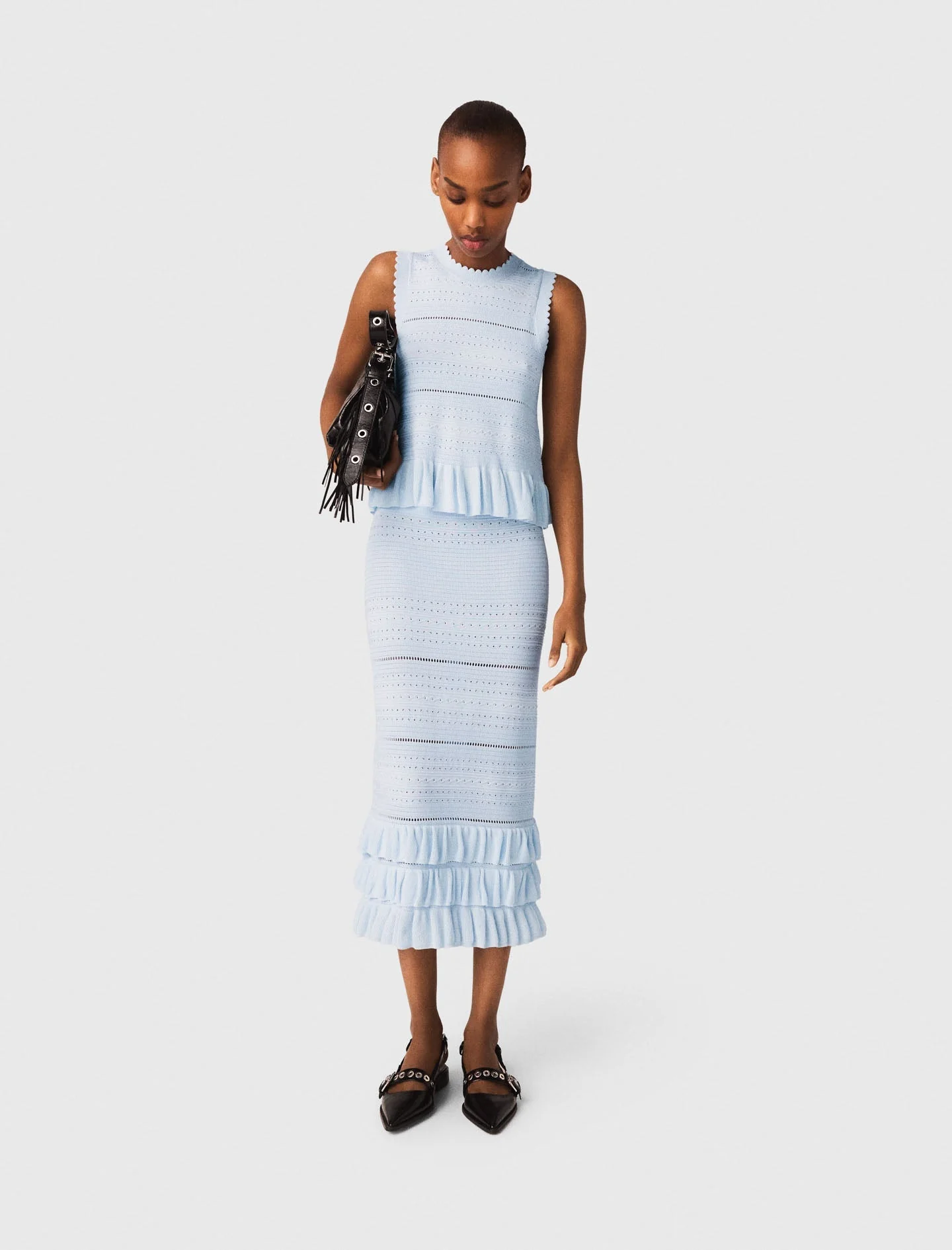 Long Ruffled Knit Skirt Blue Sky - Image 4