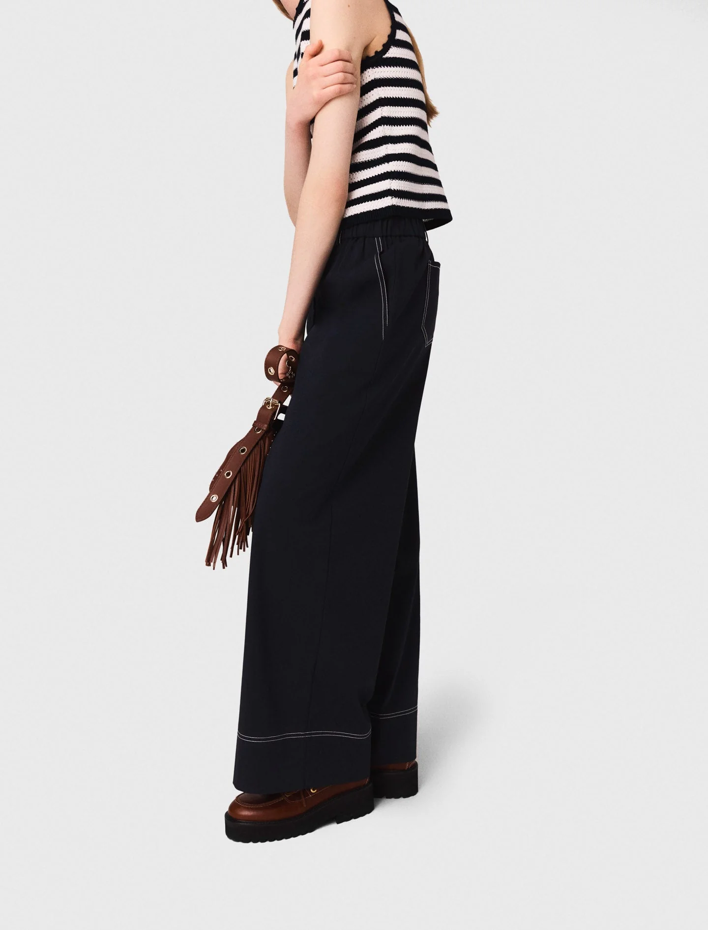Cotton trousers with leather belt Navy - Image 3