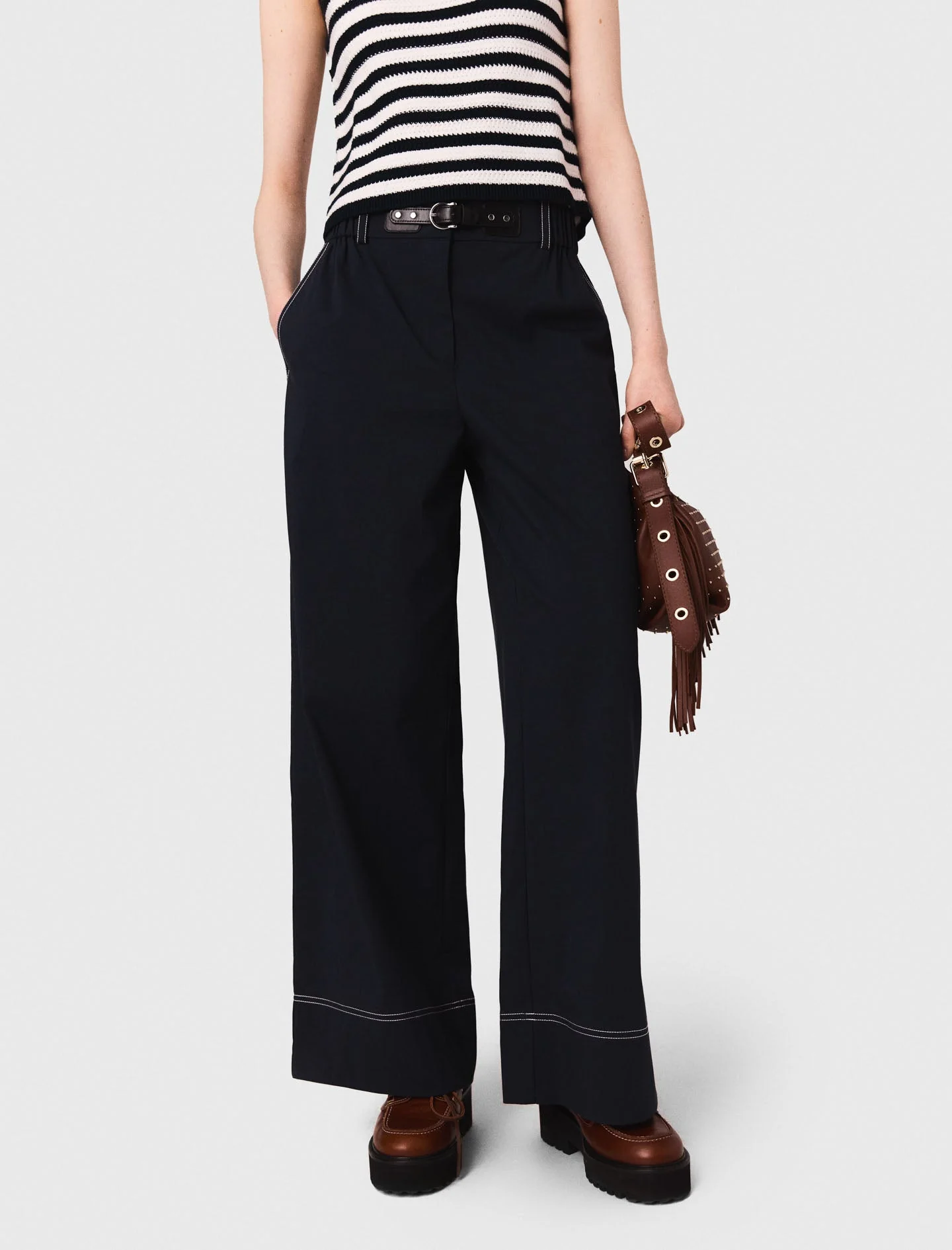Cotton trousers with leather belt Navy - Image 4