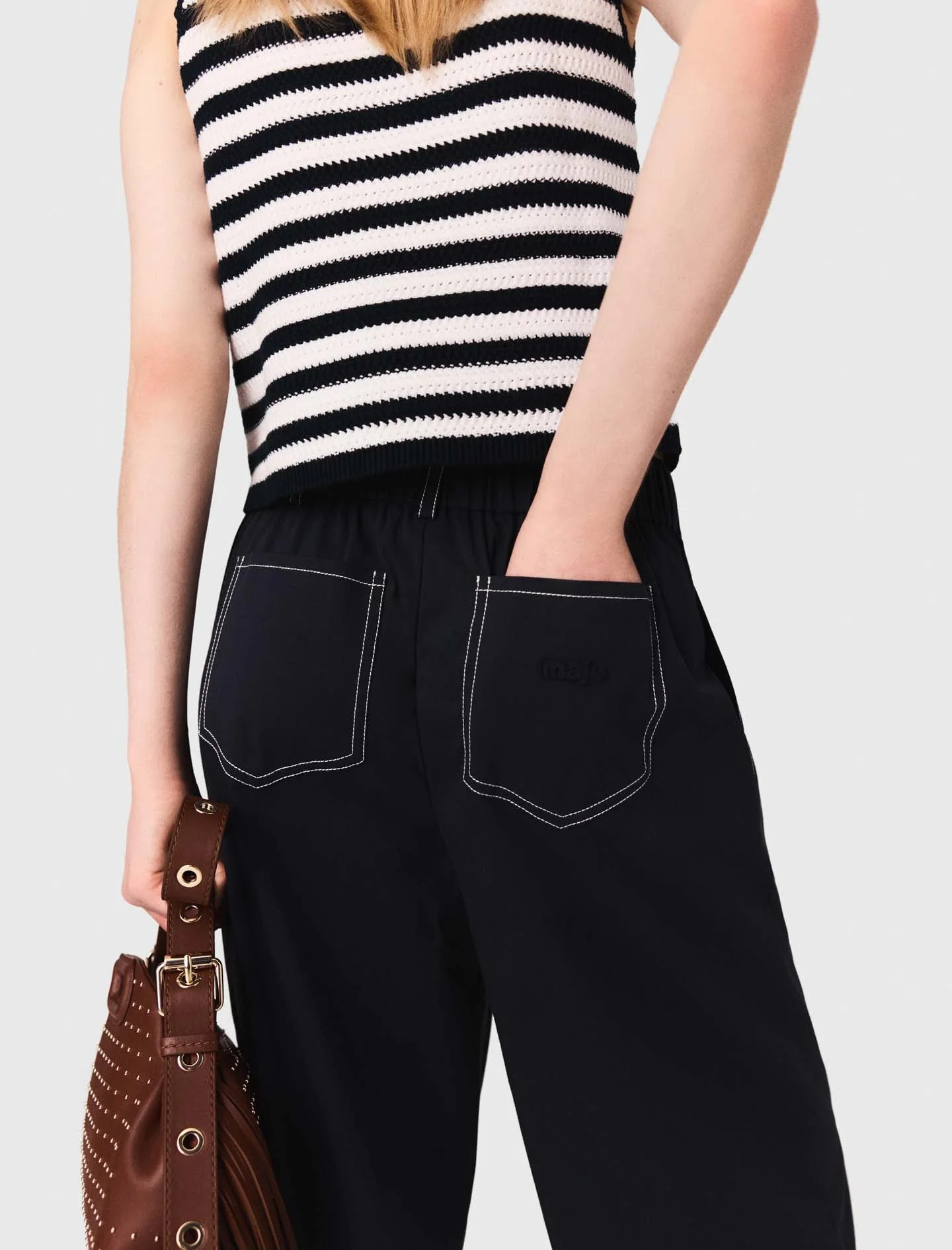 Cotton trousers with leather belt Navy - Image 5