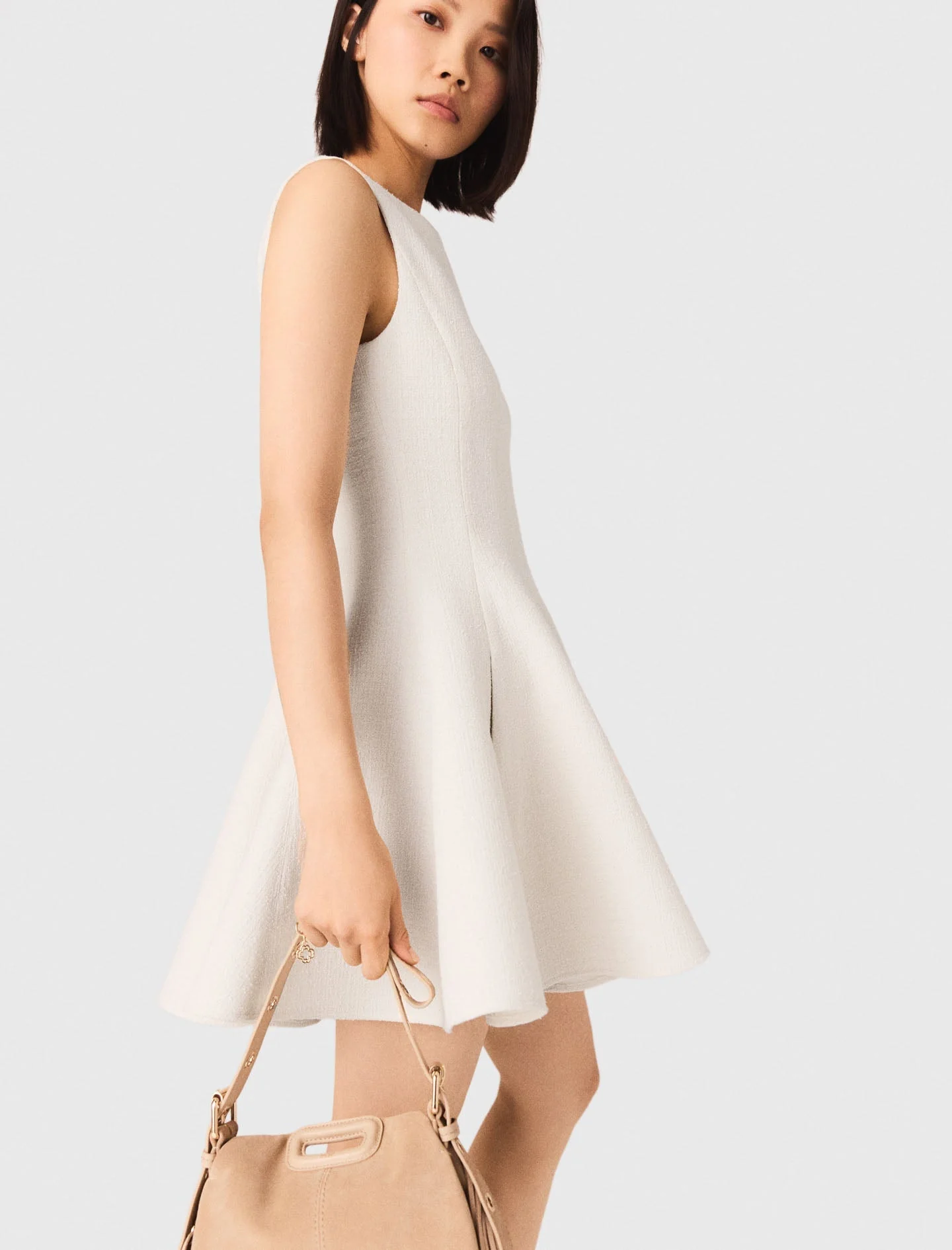 Short Flared Tweed Dress Ecru - Image 3