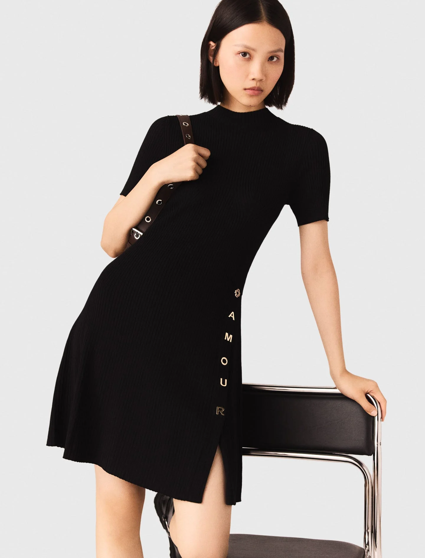 Short Knit Button Dress Black - Image 3