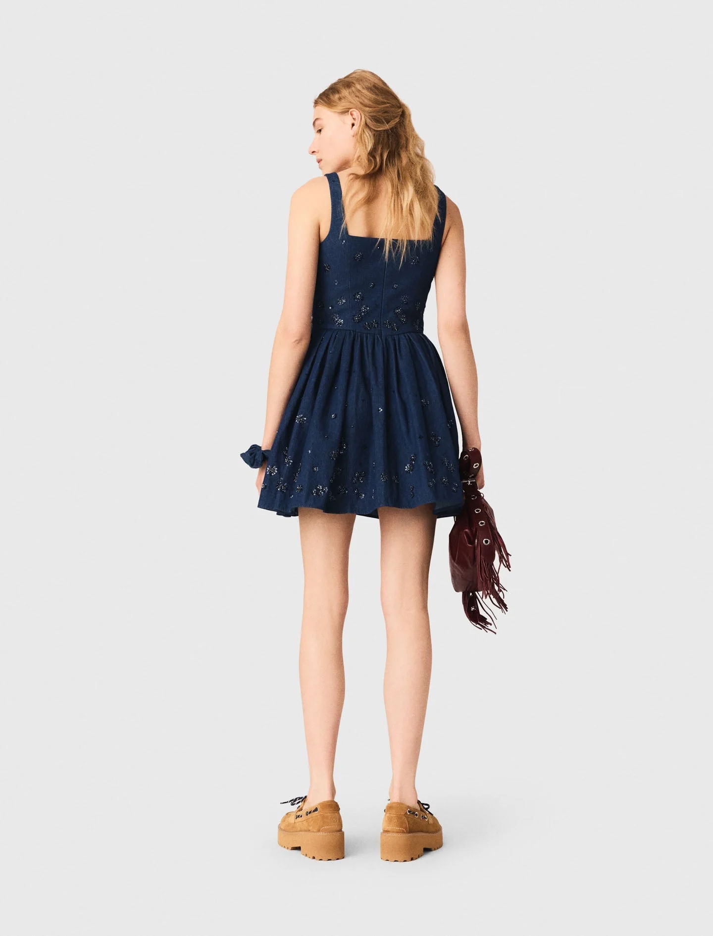 Flared Embroidered Denim Dress Navy - Image 3