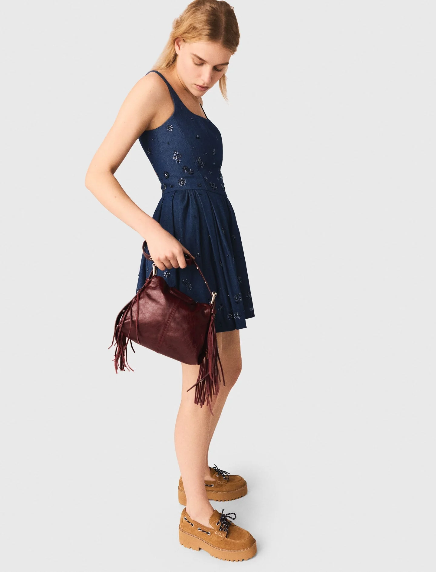 Flared Embroidered Denim Dress Navy - Image 4