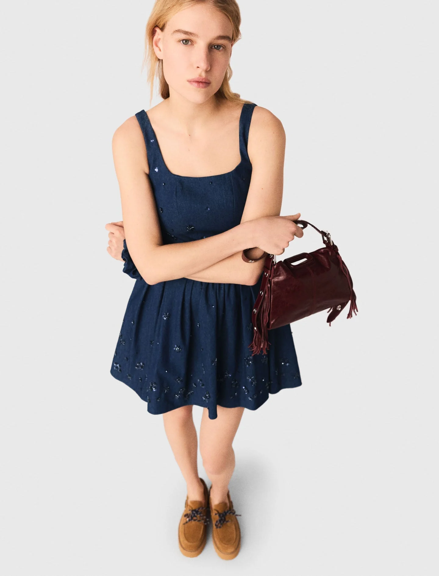 Flared Embroidered Denim Dress Navy - Image 5