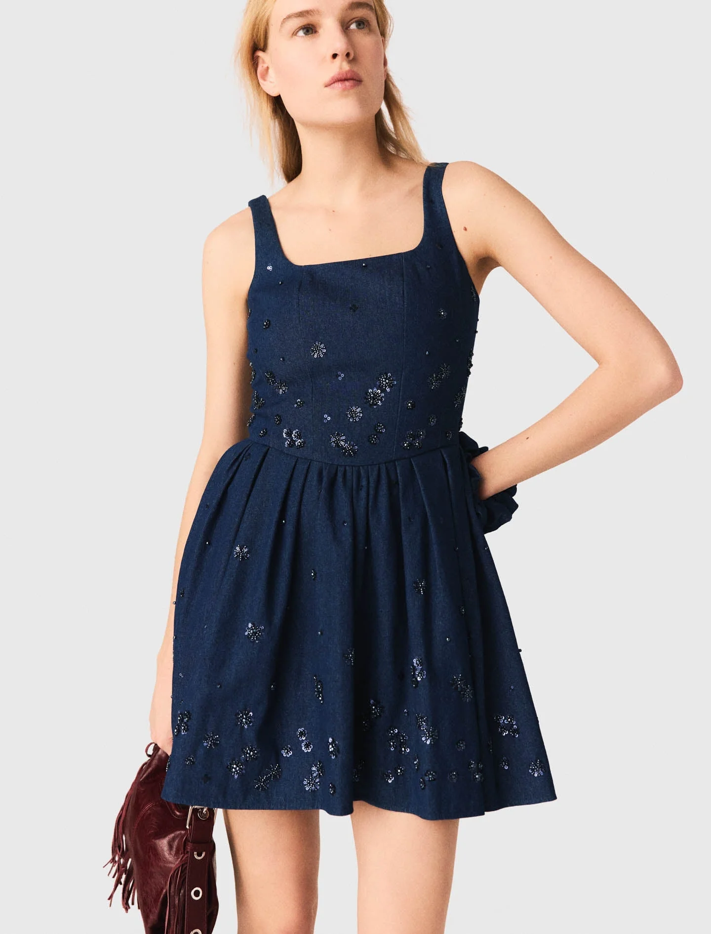 Flared Embroidered Denim Dress Navy - Image 6