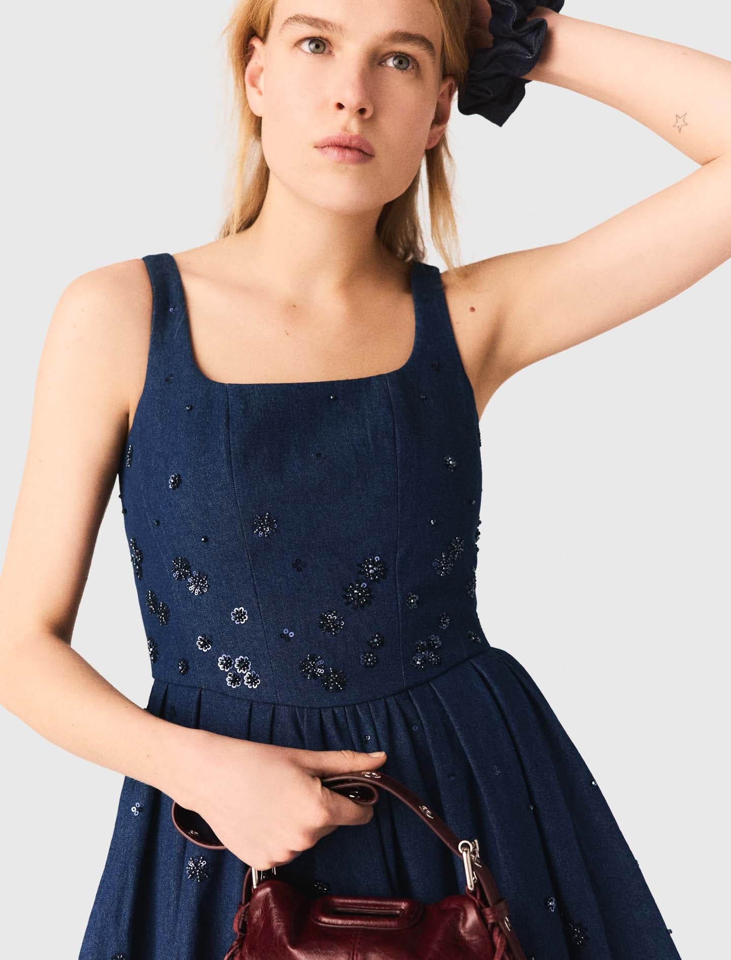 Flared Embroidered Denim Dress Navy - Image 7