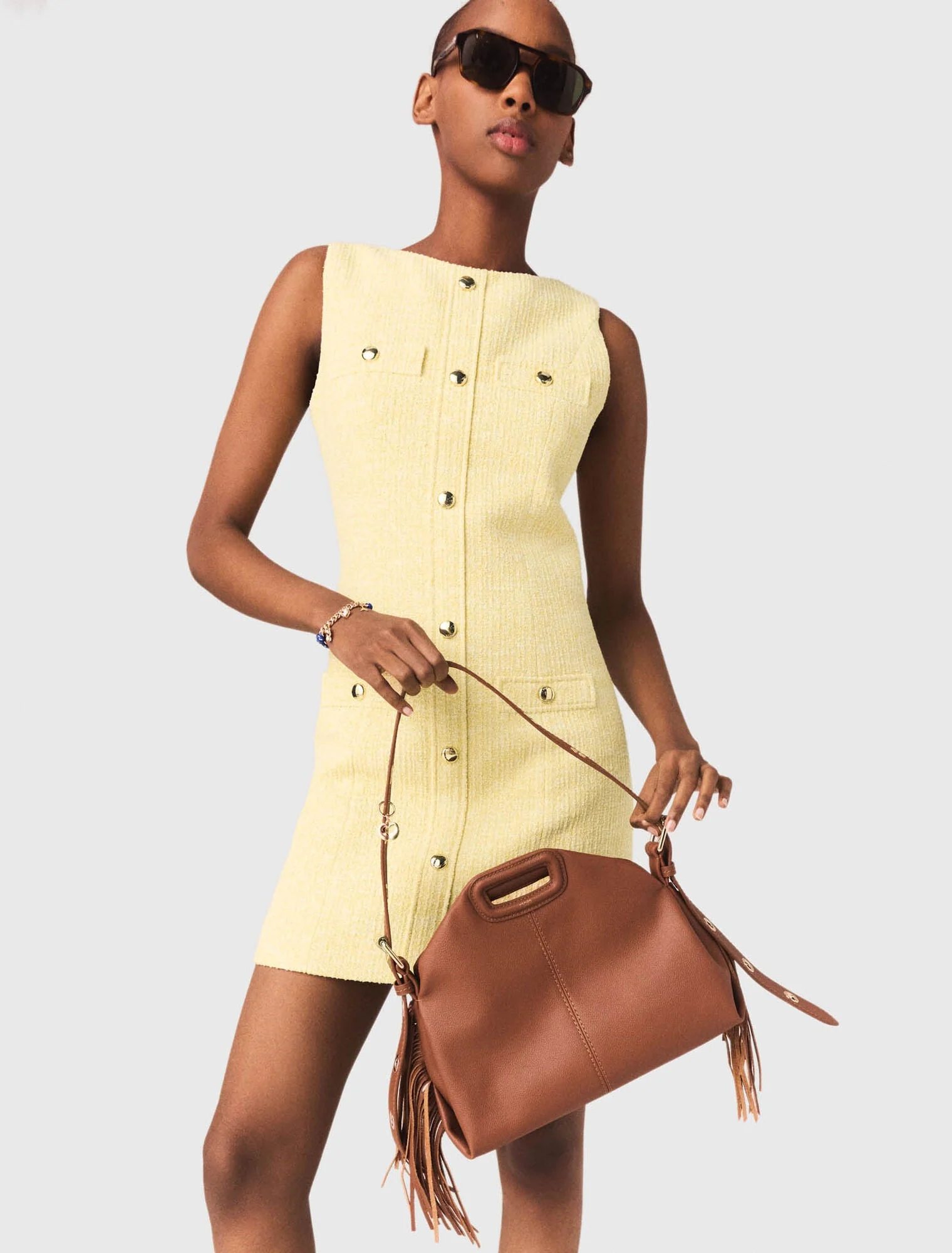 Short Tweed Dress Pale Yellow - Image 4