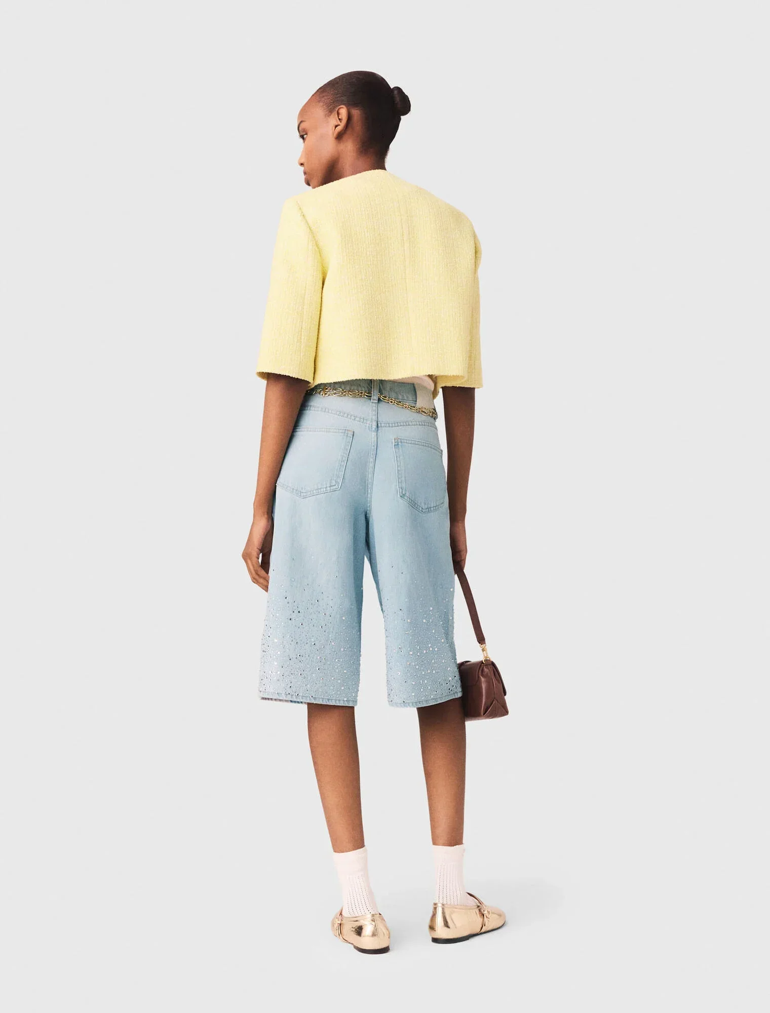 Short-Sleeved Tweed Jacket Pale Yellow - Image 3