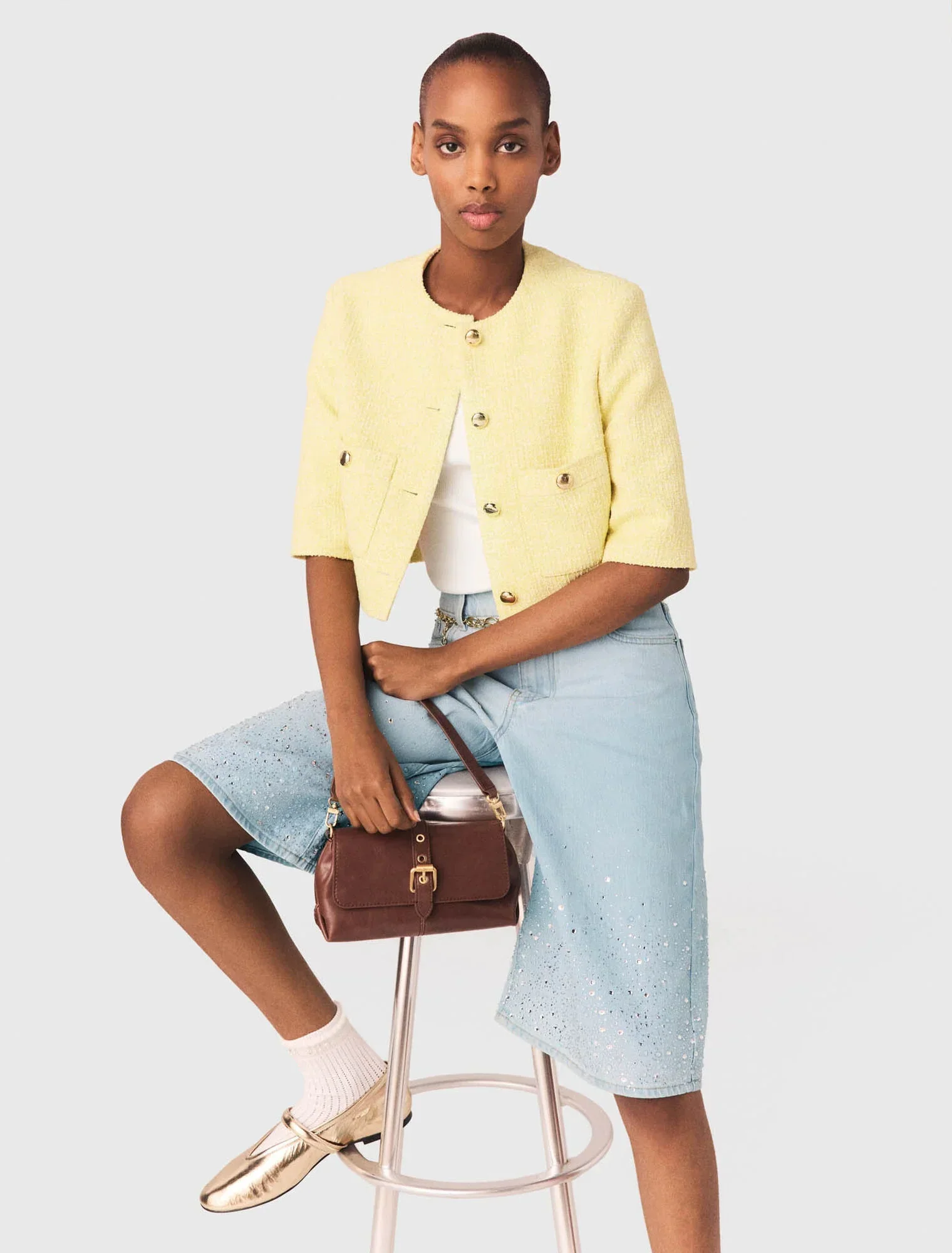 Short-Sleeved Tweed Jacket Pale Yellow - Image 4